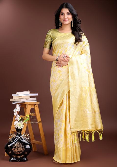 Yellow Embroidered Linen Cotton Saree  Set
