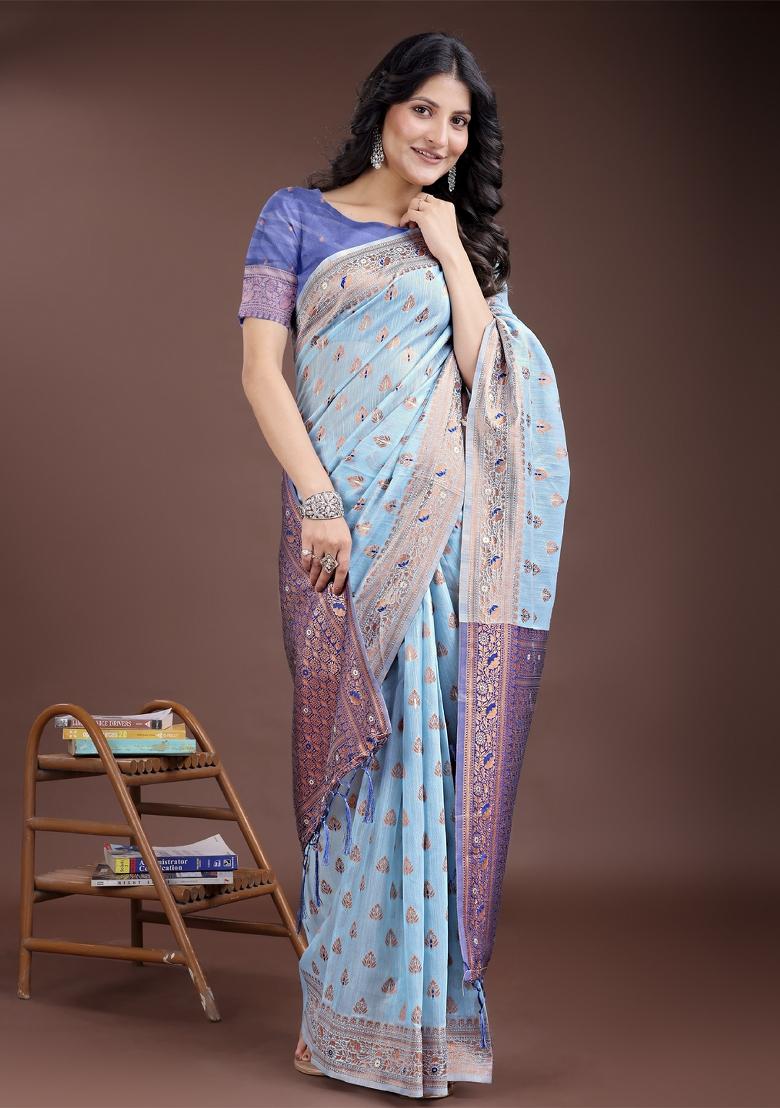 Navy Blue Embroidered Linen Cotton Saree  Set