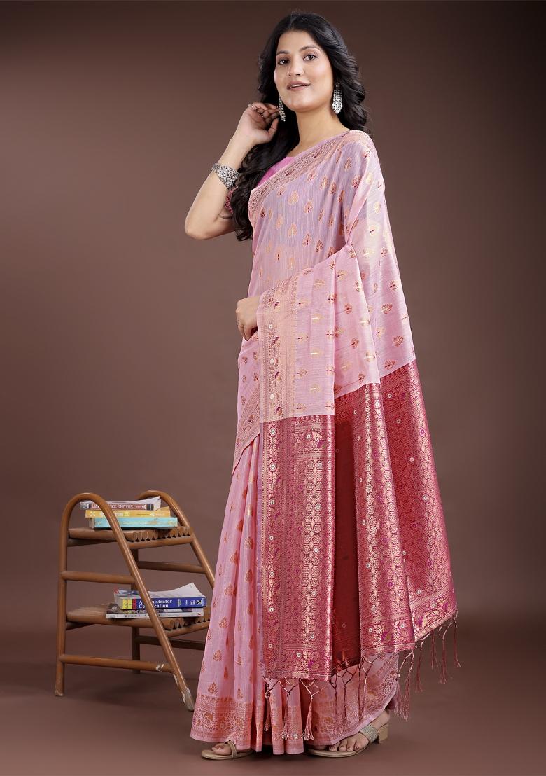 Magenta Embroidered Linen Cotton Saree  Set
