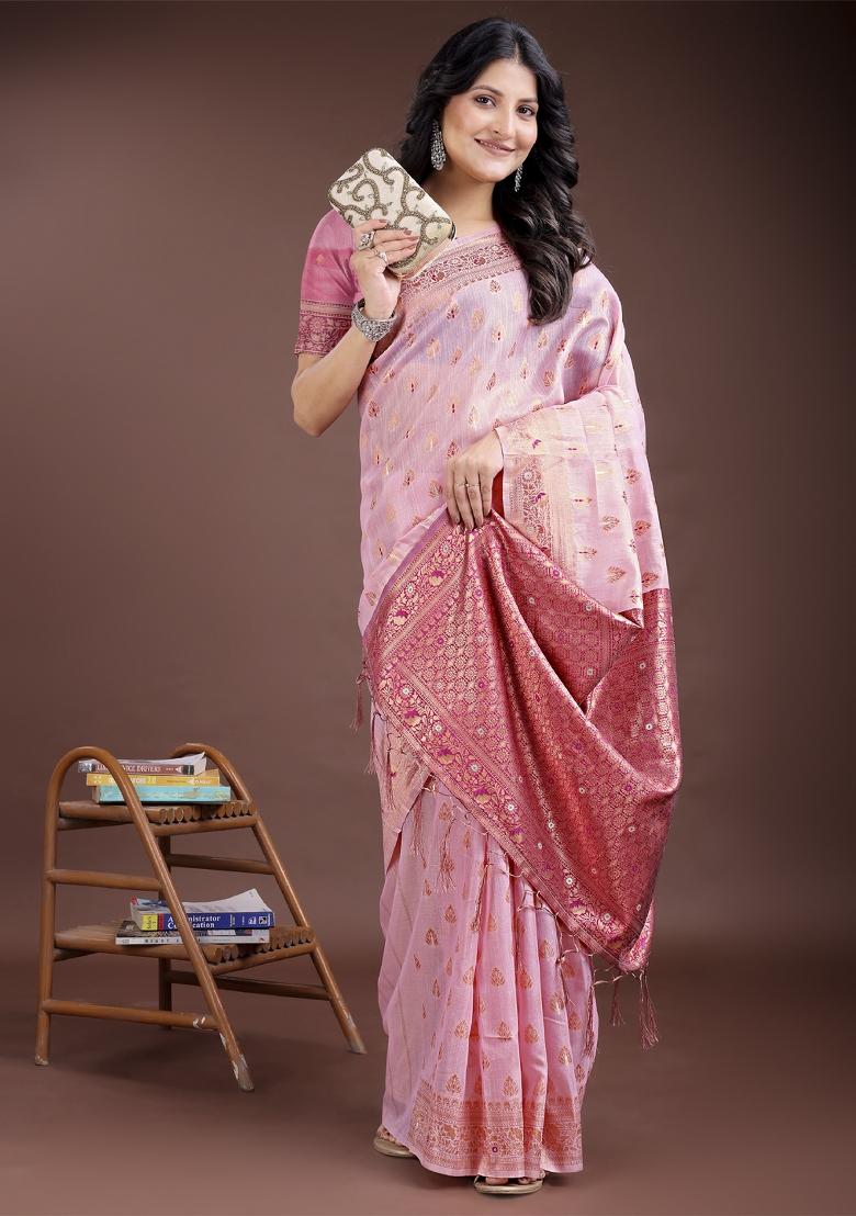 Magenta Embroidered Linen Cotton Saree  Set