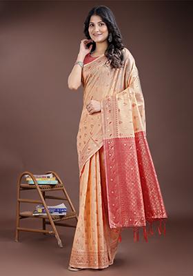 Red Embroidered Linen Cotton Saree  Set