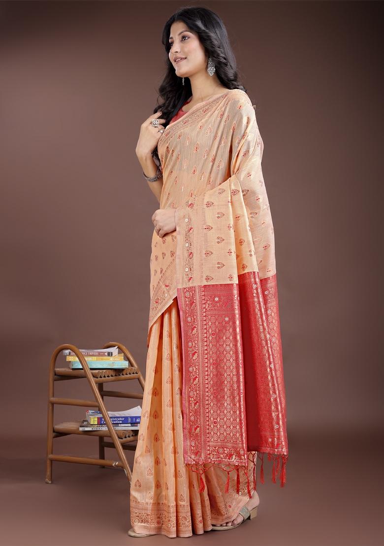 Red Embroidered Linen Cotton Saree  Set