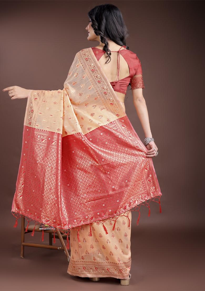 Red Embroidered Linen Cotton Saree Set