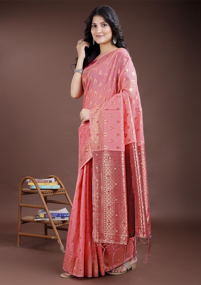 Red Embroidered Linen Cotton Saree Set