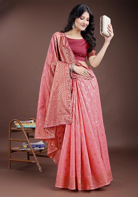 Red Embroidered Linen Cotton Saree Set