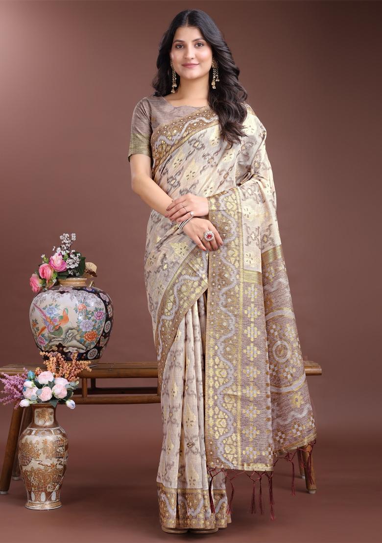 Brown Printed Linen Cotton Saree  Set