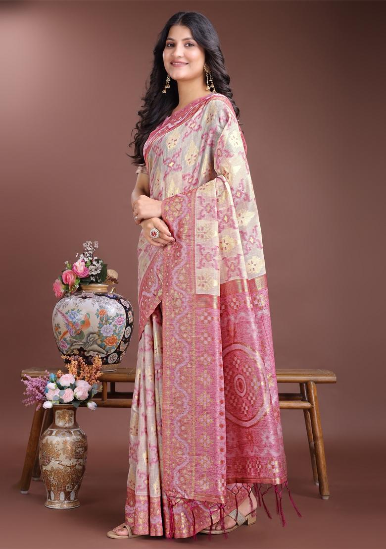 Pink Printed Linen Cotton Saree  Set