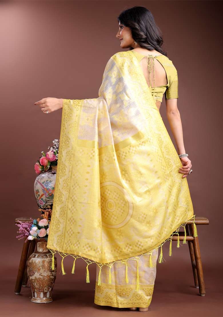 Yellow Printed Linen Cotton Saree  Set - Indya