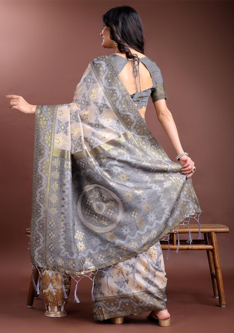 Grey Printed Linen Cotton Saree Set