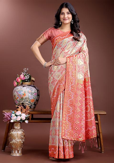 Peach Printed Linen Cotton Saree  Set