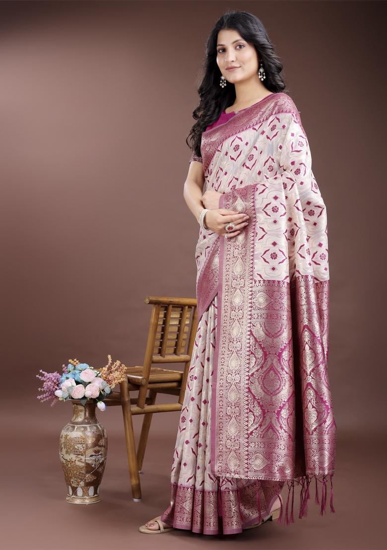 Pink Embroidered Linen Cotton Saree  Set