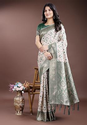 Green Embroidered Linen Cotton Saree  Set