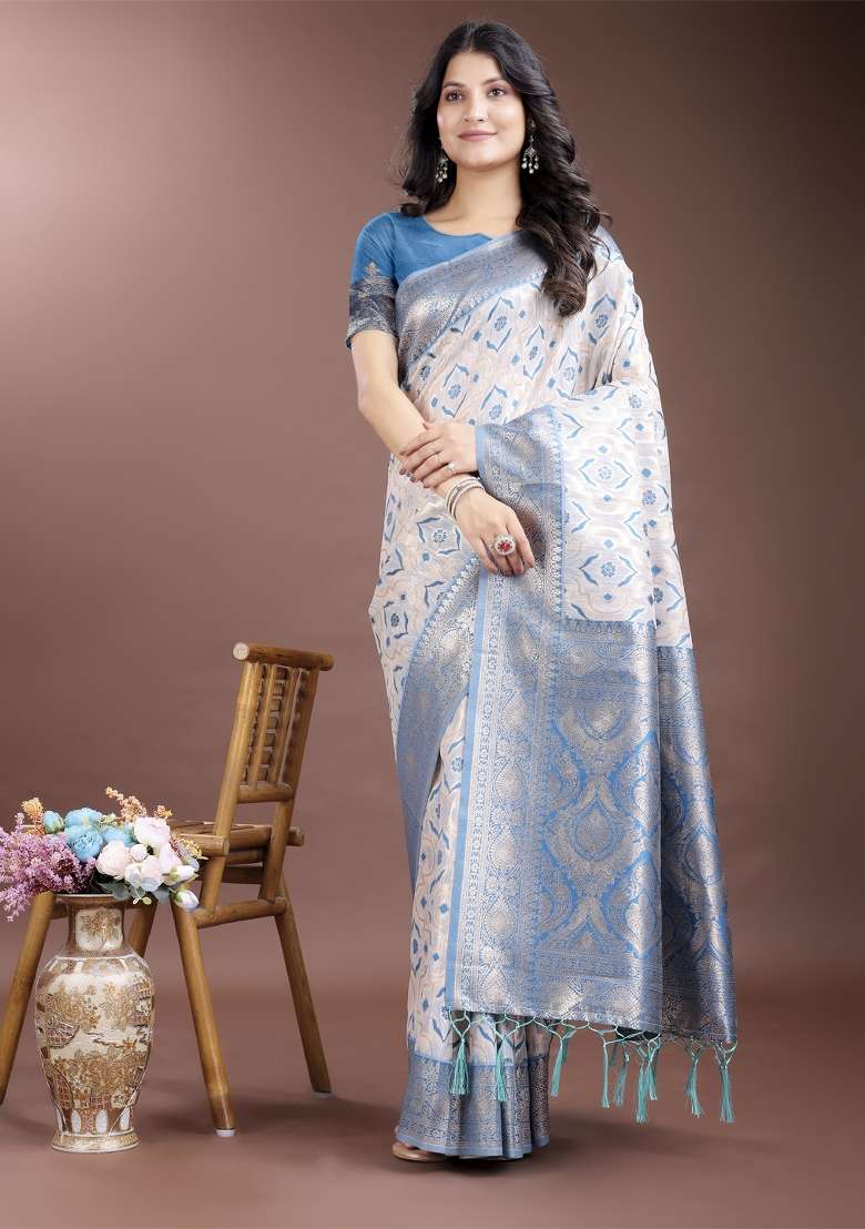 Sky Blue Embroidered Linen Cotton Saree  Set - Indya