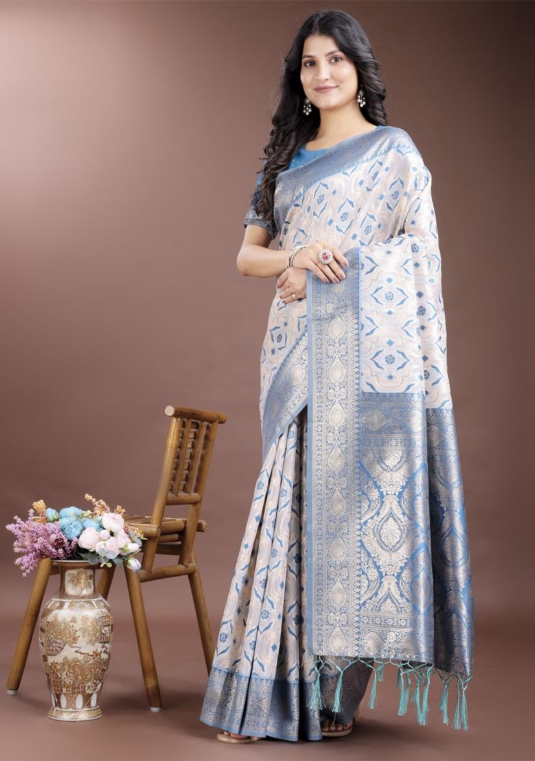Sky Blue Embroidered Linen Cotton Saree  Set