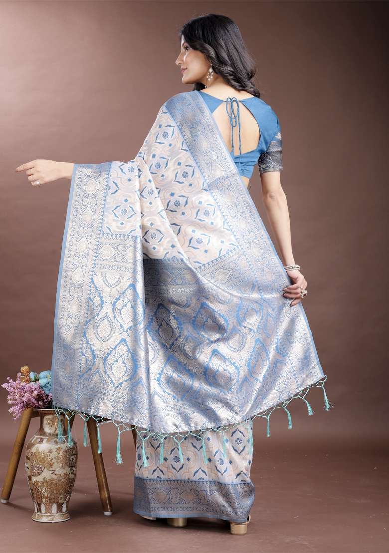 Sky Blue Embroidered Linen Cotton Saree  Set - Indya