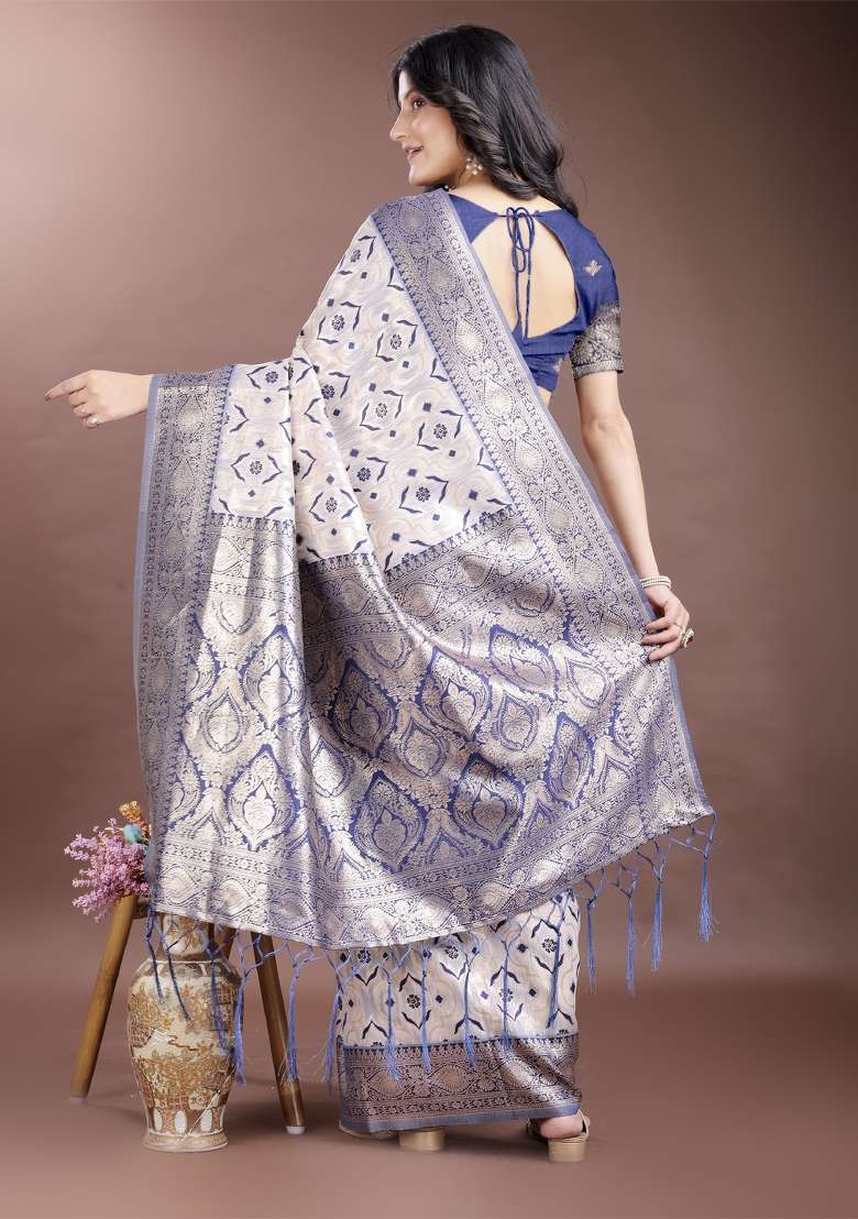 Navy Blue Embroidered Linen Cotton Saree  Set - Indya