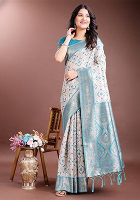Sea Green Embroidered Linen Cotton Saree  Set