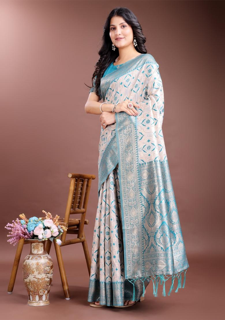 Sea Green Embroidered Linen Cotton Saree  Set