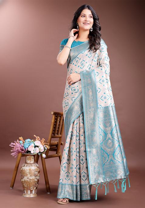 Sea Green Embroidered Linen Cotton Saree  Set