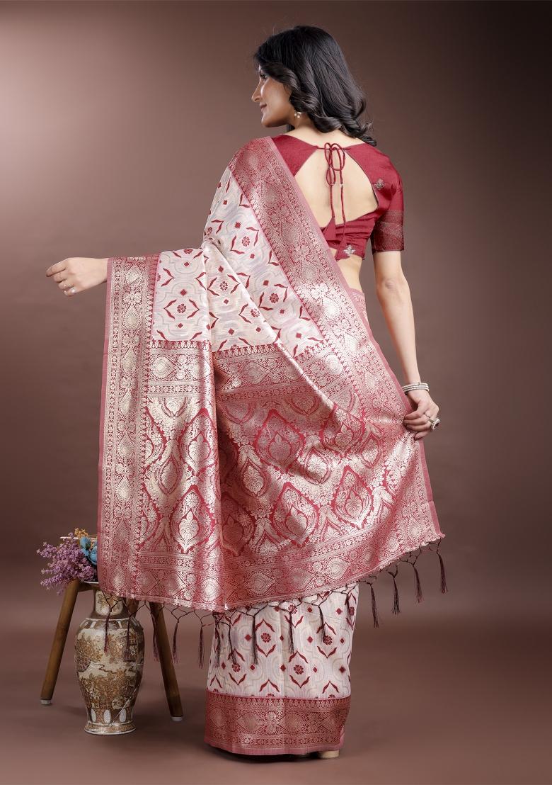 Red Embroidered Linen Cotton Saree  Set