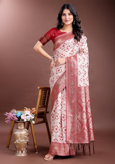Red Embroidered Linen Cotton Saree  Set