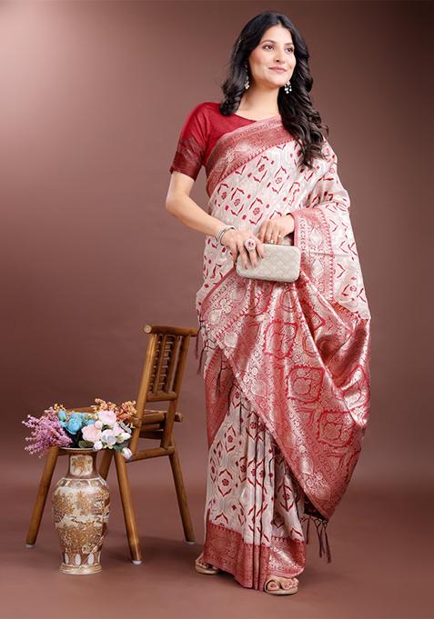 Red Embroidered Linen Cotton Saree Set