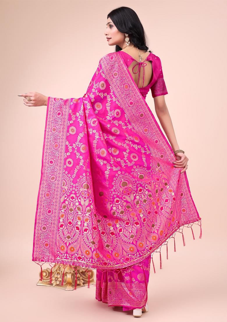 Pink Embroidered Banarasi Silk Saree Set