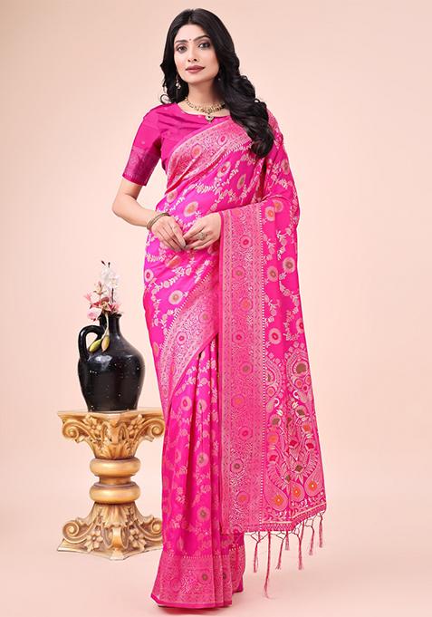 Pink Embroidered Banarasi Silk Saree  Set