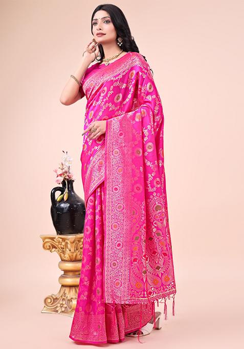 Pink Embroidered Banarasi Silk Saree Set