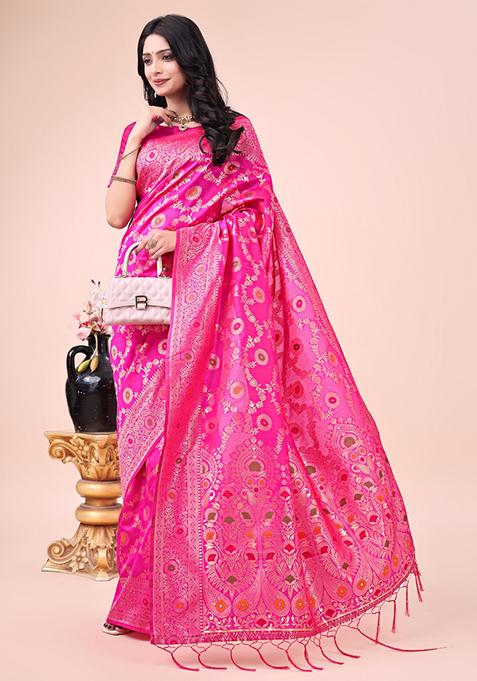 Pink Embroidered Banarasi Silk Saree Set