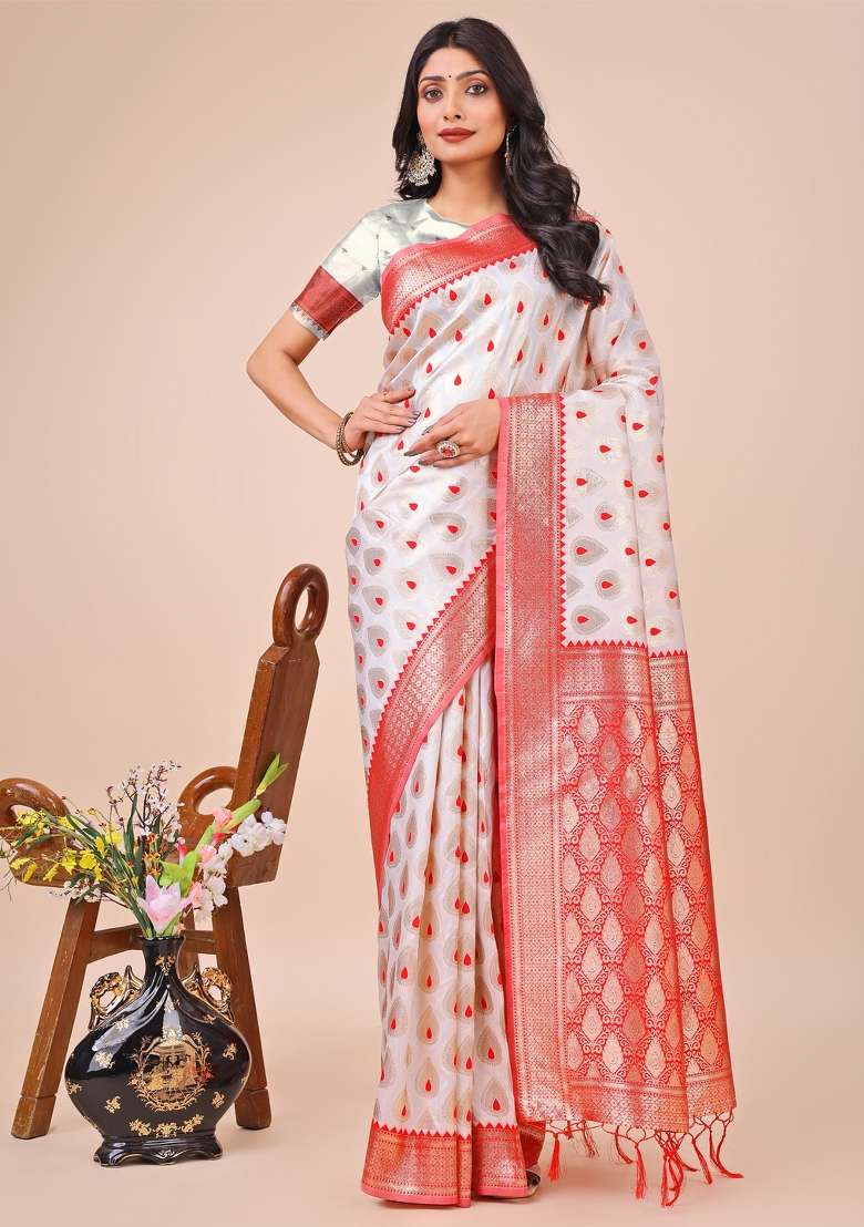 White Embroidered Banarasi Silk Saree  Set - Indya