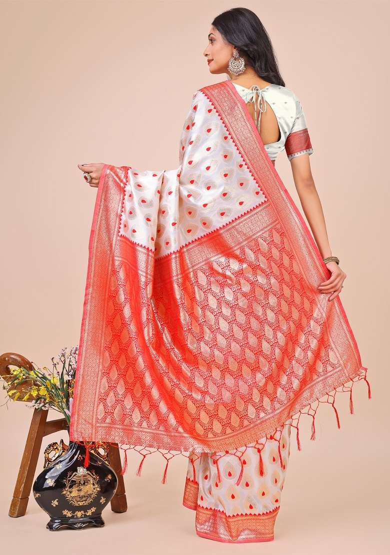 White Embroidered Banarasi Silk Saree  Set - Indya