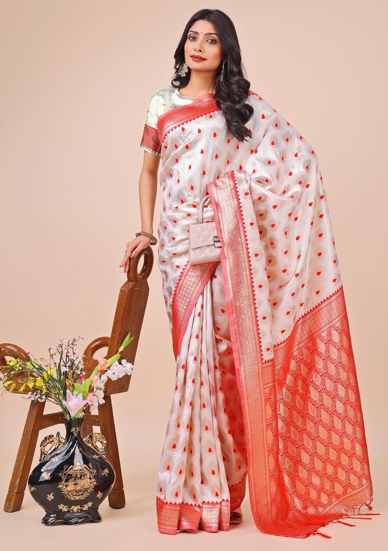 White Embroidered Banarasi Silk Saree  Set