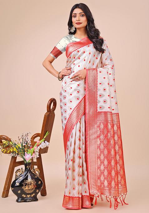White Embroidered Banarasi Silk Saree  Set