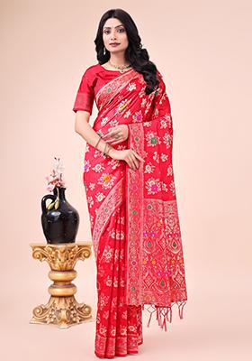 Red Embroidered Banarasi Silk Saree  Set