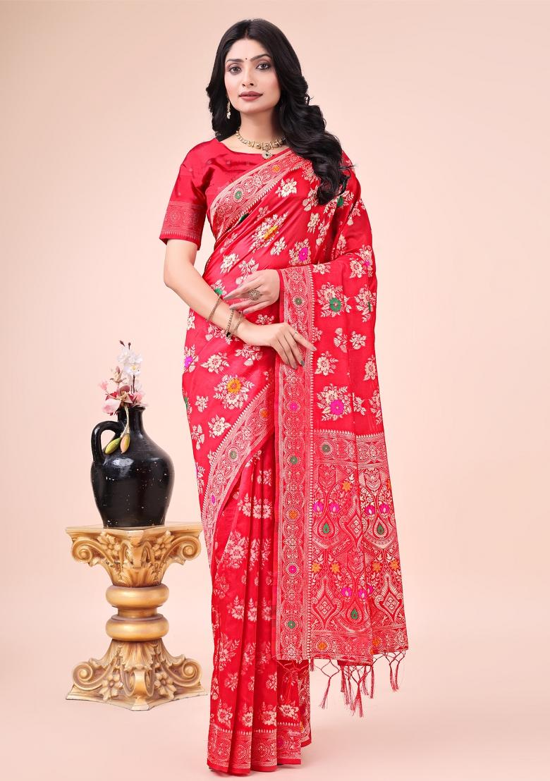 Red Embroidered Banarasi Silk Saree Set