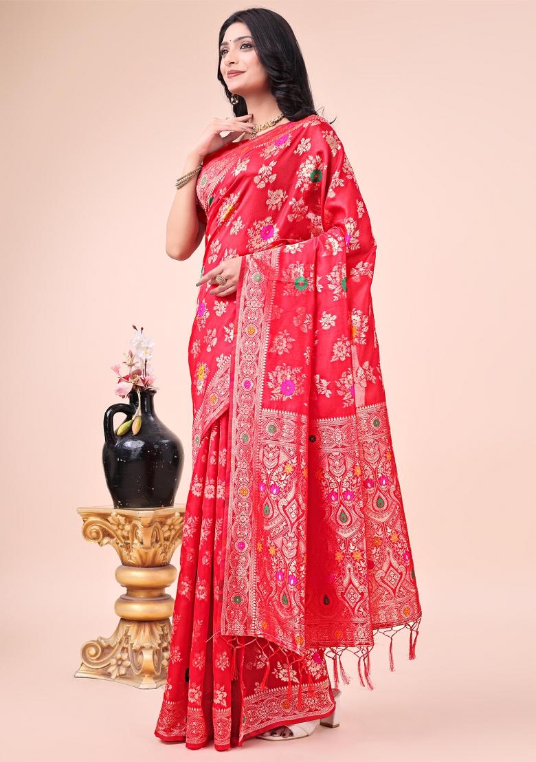 Red Embroidered Banarasi Silk Saree Set