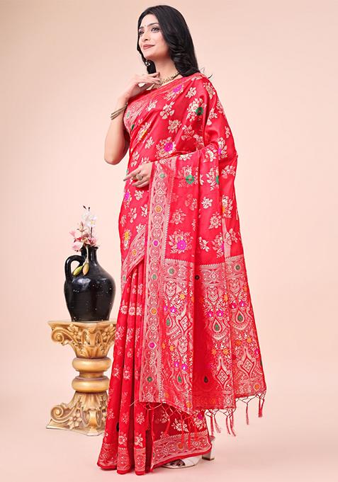 Red Embroidered Banarasi Silk Saree Set