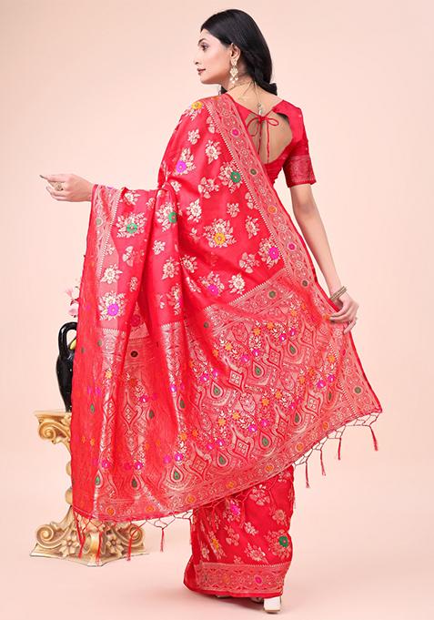 Red Embroidered Banarasi Silk Saree Set