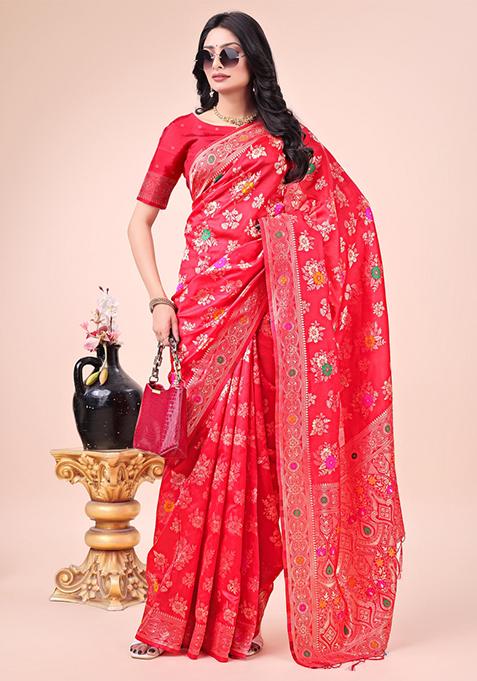 Red Embroidered Banarasi Silk Saree Set