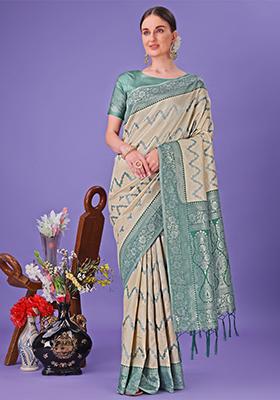 Light Green Printed Silk Saree  Set