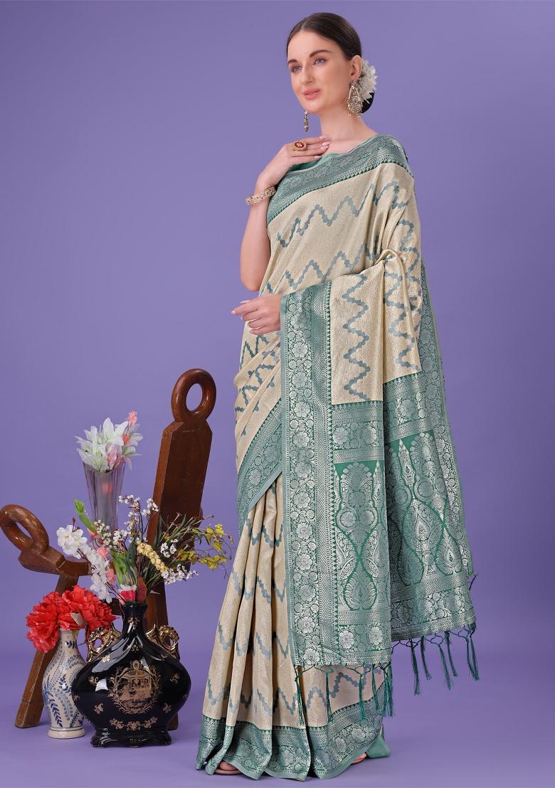 Light Green Printed Silk Saree  Set
