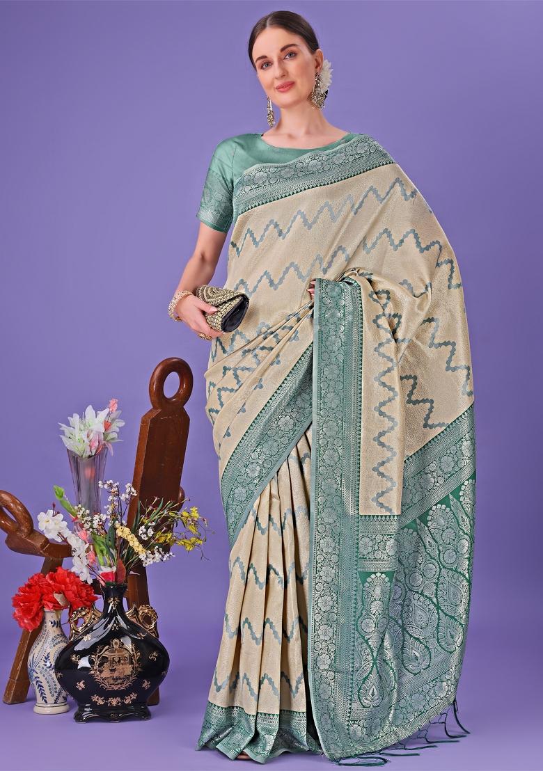 Light Green Printed Silk Saree  Set