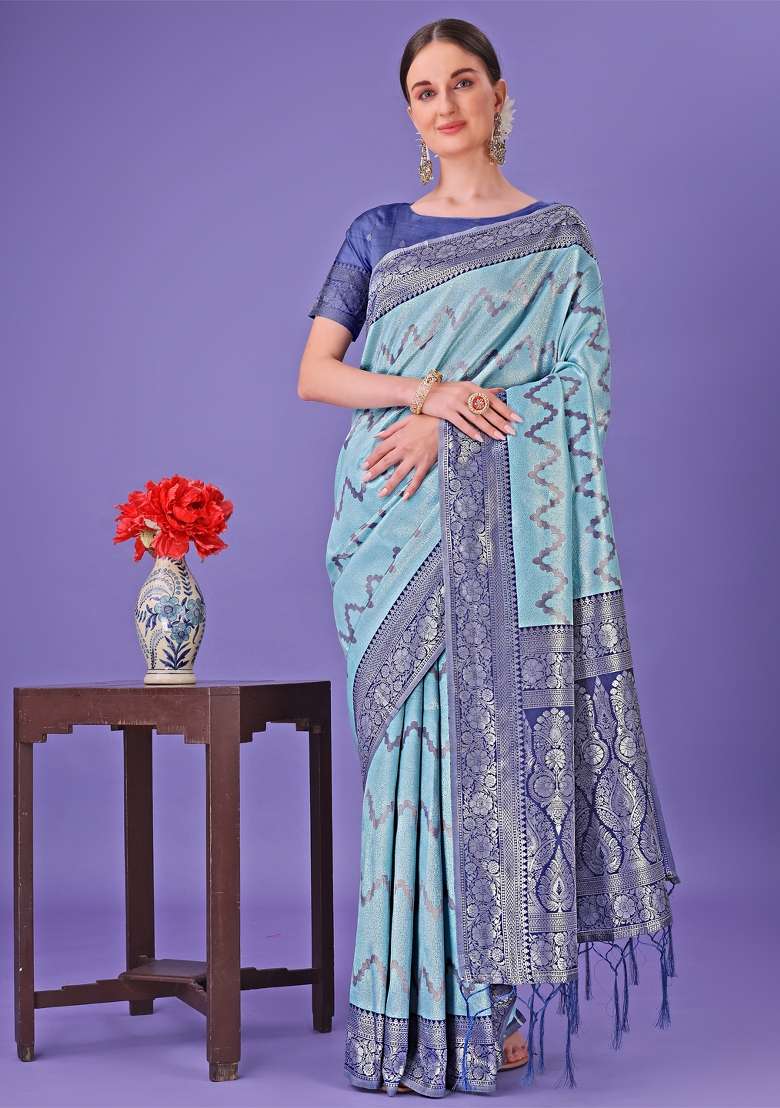 Blue Printed Silk Saree  Set - Indya