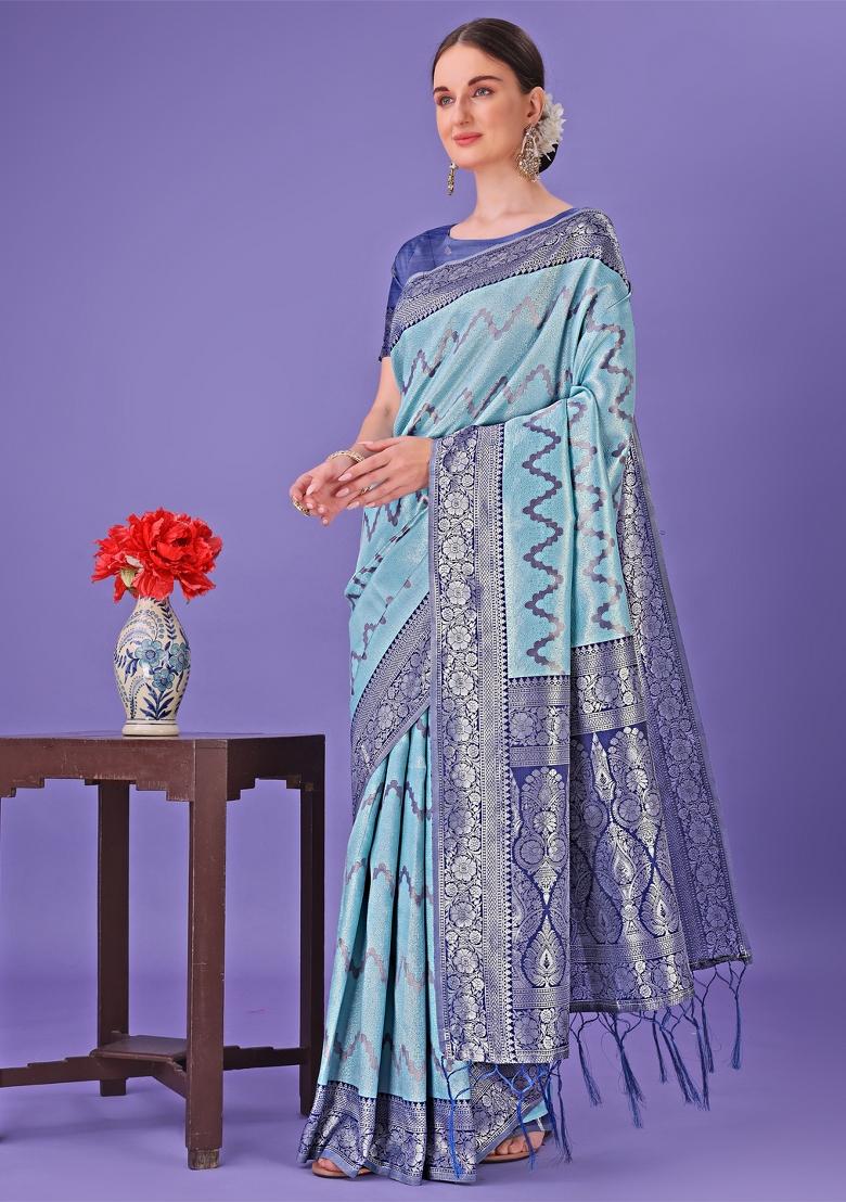 Blue Printed Silk Saree  Set