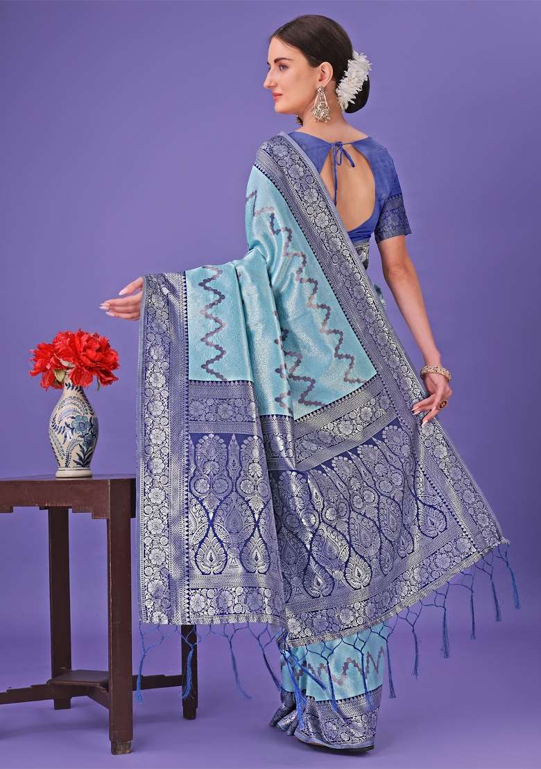 Blue Printed Silk Saree  Set - Indya