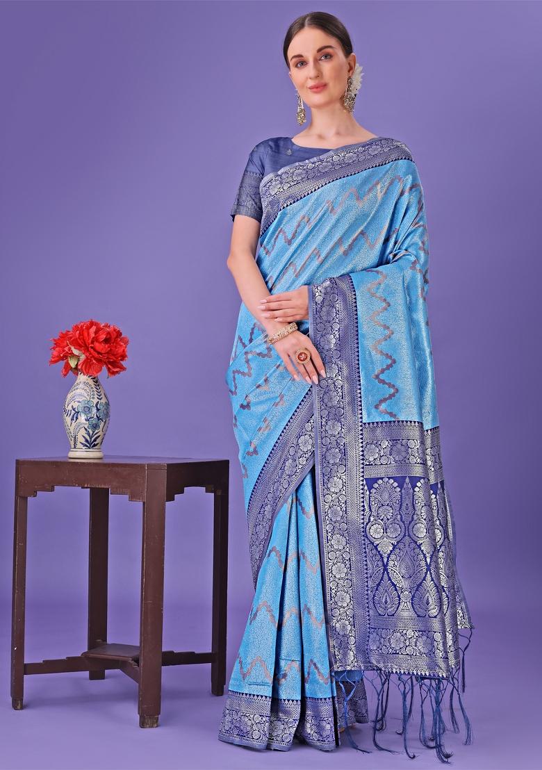 Blue Printed Silk Saree  Set
