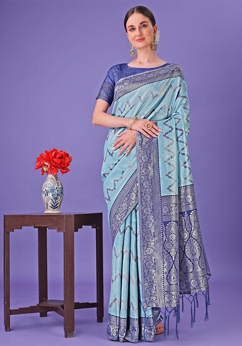 Blue Printed Silk Saree  Set