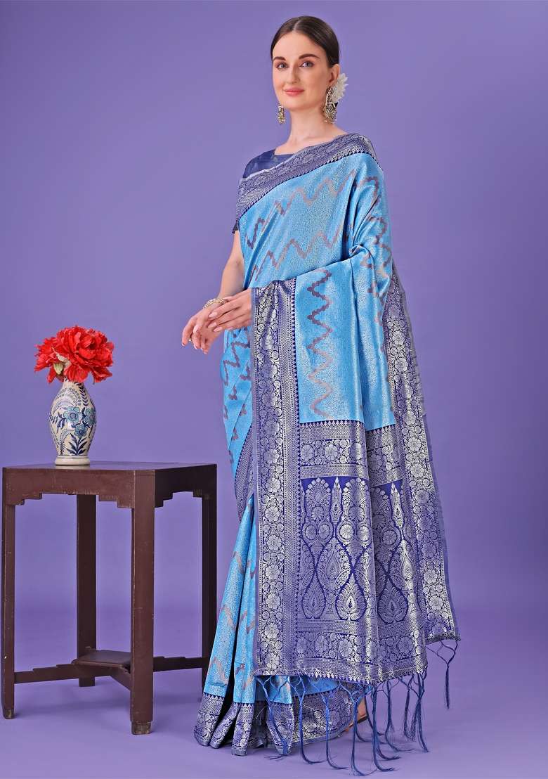 Blue Printed Silk Saree  Set - Indya