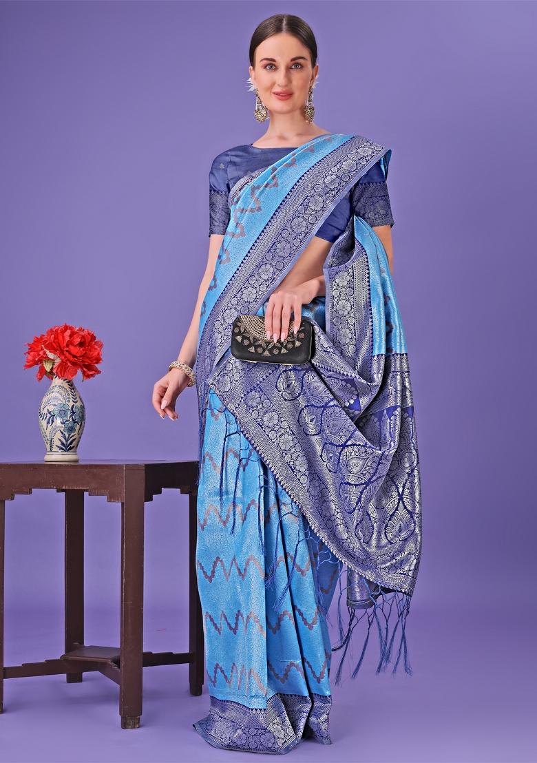 Blue Printed Silk Saree  Set